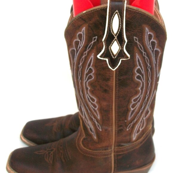 Justin Brown & White Leather Mid\Calf SquareToe Embroidered Cowgirl Boots 9M 39M - Picture 2 of 9
